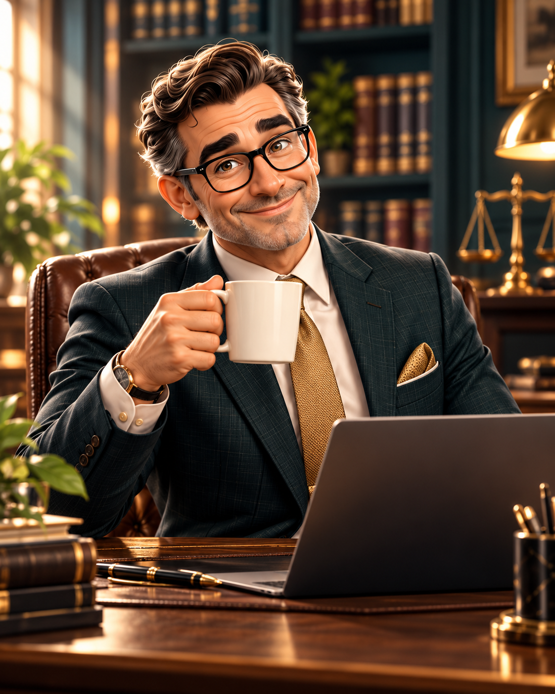 Winston Brown, a warm and confident illustrated legal assistant in glasses and a teal suit, seated in his law library.
